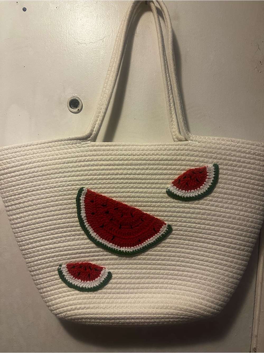 Cream Straw Tote Bag with Watermelon Appliqués